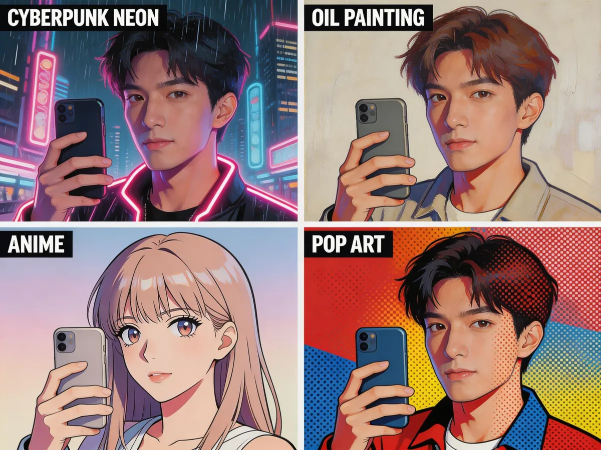 AI Avatars — 20+ Art Styles: Anime, 3D render, oil painting, comic book, pixel art, and more. Each style prod