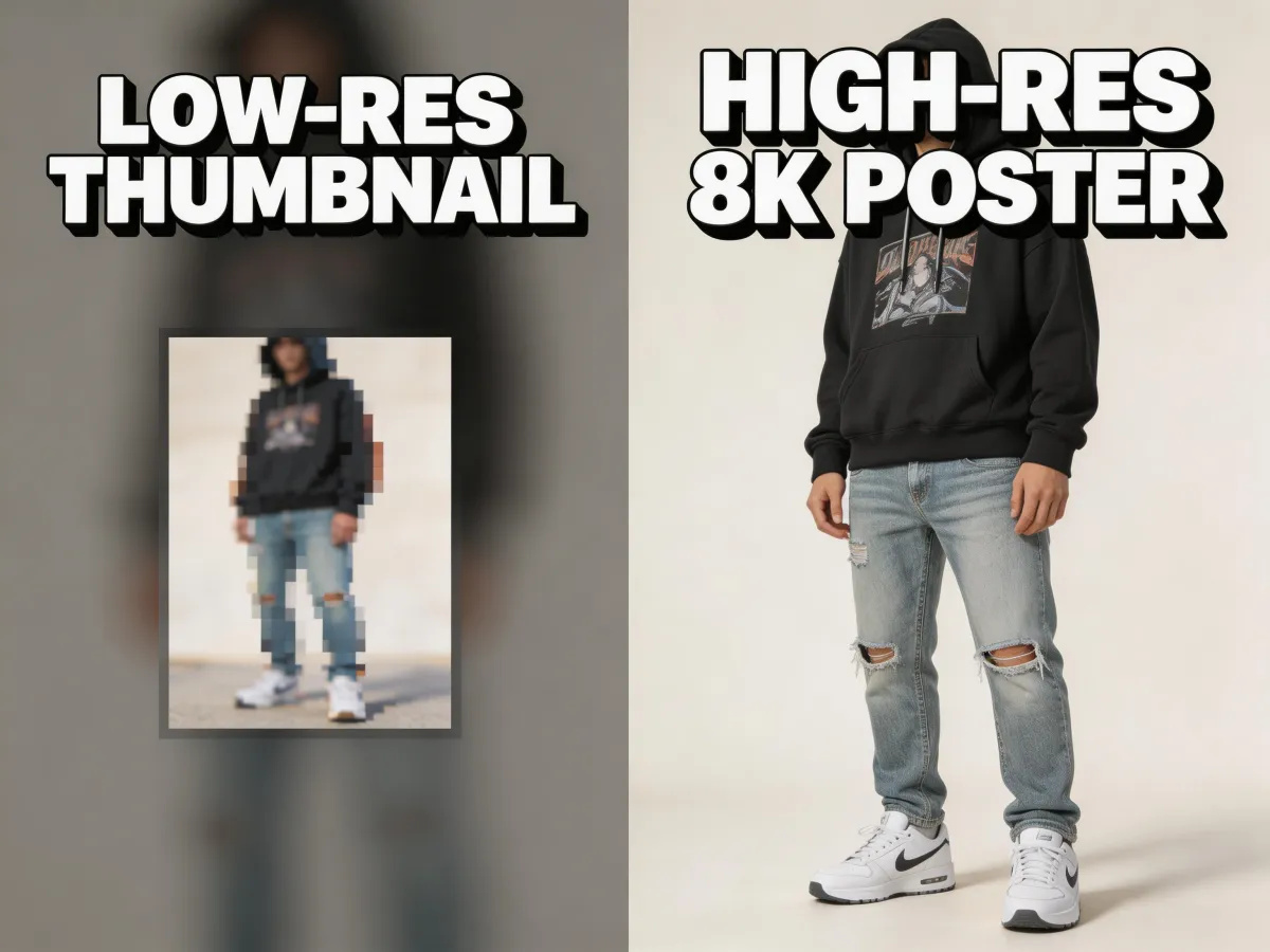 Image Upscaler — Detail Reconstruction: AI doesn't just stretch pixels — it intelligently reconstructs textures, text, a