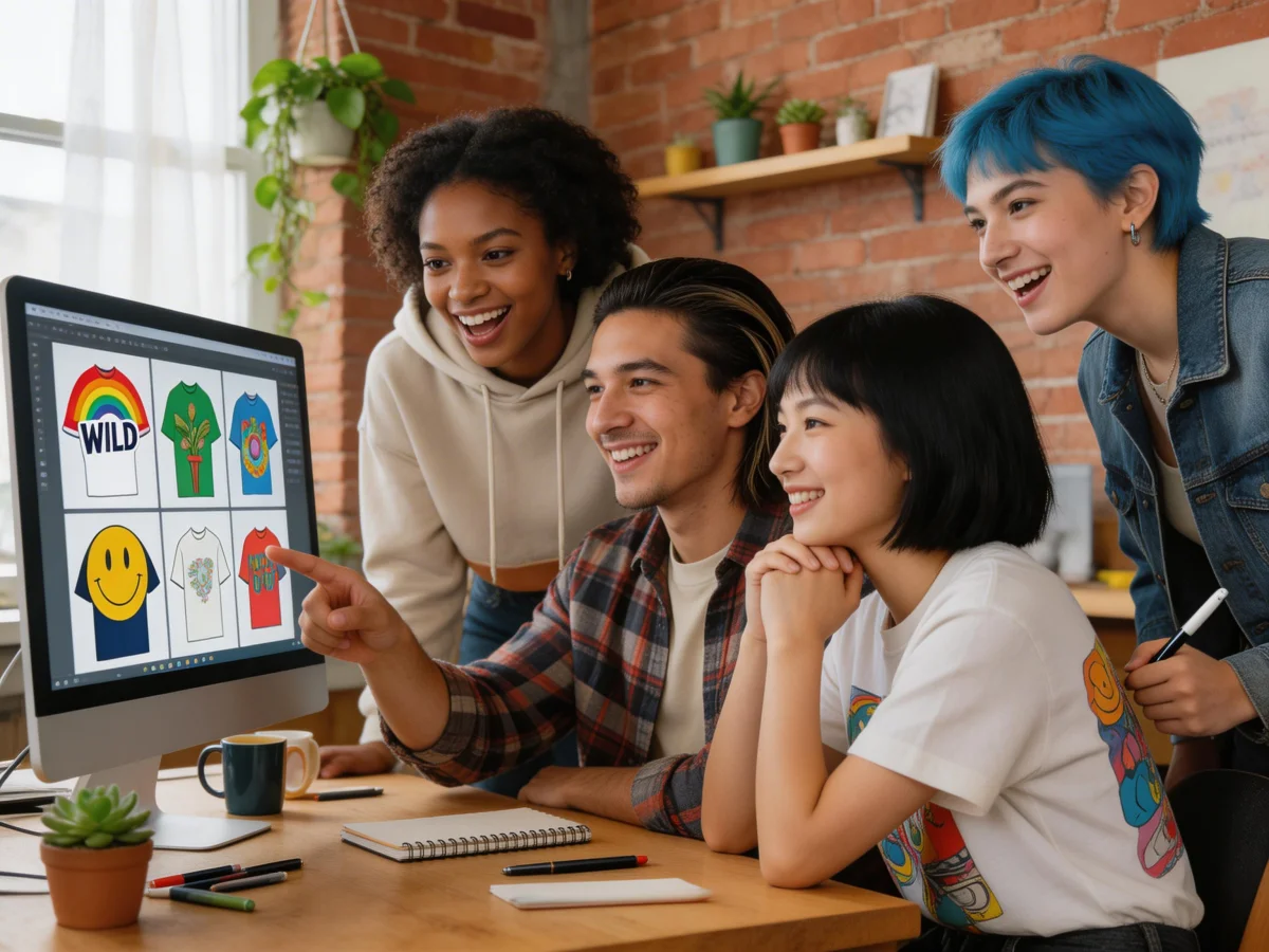 Custyle creators collaborating in a neon-lit design studio